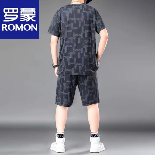 罗蒙120-280斤冰丝时尚休闲T恤套装男夏季薄款运动服弹力宽松两件套 826黑色【冰丝套装】 XL 建议120-140斤
