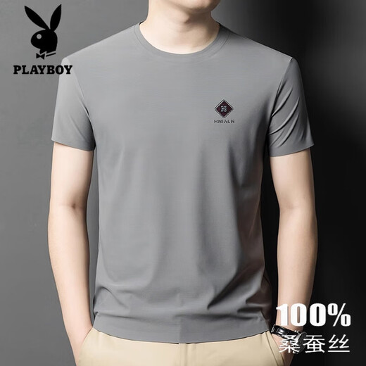 
Playboy 2025 new high-end mulberry silk short-sleeved T-shirt for men's summer new round neck solid color thin large size casual T-shirt 13578 Gray M 165 [recommended 100-120Jin [Jin equals 0.5 kg]]