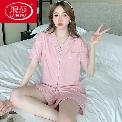 浪莎（LangSha）2025年新款睡衣女款夏季纯棉短袖短裤夏天少女生夏款女士家居服全 12347带胸垫 M 80-100