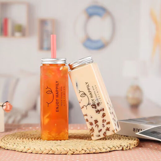 Creative yogurt cup, freshly squeezed juice bottle, beverage bottle, wishing bottle, internet celebrity, milk tea shop bottle plastic, 10 pieces, 300ml rectangular bottle + open hole lid