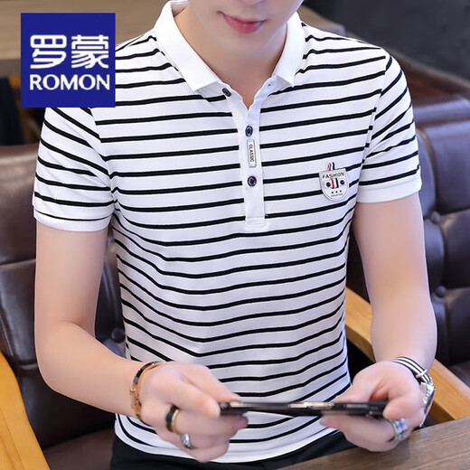 罗蒙（ROMON）男士短袖t恤纯棉修身时尚体桖纯棉夏季潮流条纹Polo衫新款夏装 W7029藏青色 XL 120-135斤