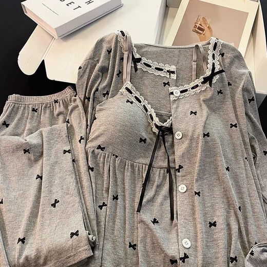 Fhhuabd-Pyjamas mit Baumwoll-Reisstadel für Frauen Frühling und Herbstmodal warm warm, langhärme graue Schlinge Bug Kleidung Drei-teilige Set 6621#. Schwarz-MODAL-DREI-SET XL empfohlen 120-135jin [Jin ist gleich 0,5 kg]