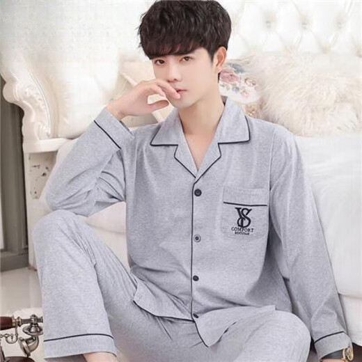 Langsha Pajamas Los hombres de manga larga de manga larga y de verano, la delgada ropa casera de mediana edad de los hombres y cómodos, la primavera y el verano de la pluma 826 azul de la manga larga 3xl xxxl Code_sugged Weight 175-200 Jin [Jin equivale a 0.5 kg]