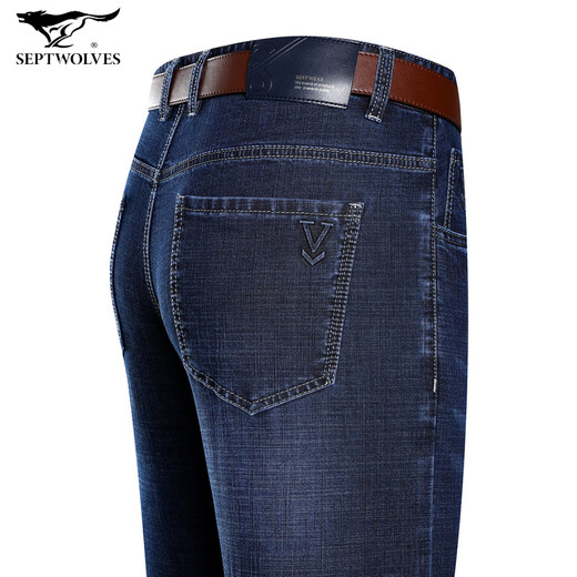Seven Wolf (SW1960) Summer delgada algodón Stretch Stretch Jeans La ropa de papá de mediana edad, de mediana edad, pantalones para hombres, pantalones de negocios largos, azul medio (3881 estilo de primavera y otoño) regular 38 (3 pies)