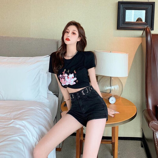 S.SOFEA Korean style slimming wide-leg denim shorts for women summer new casual loose-fitting hot pants black high quality 6195 S