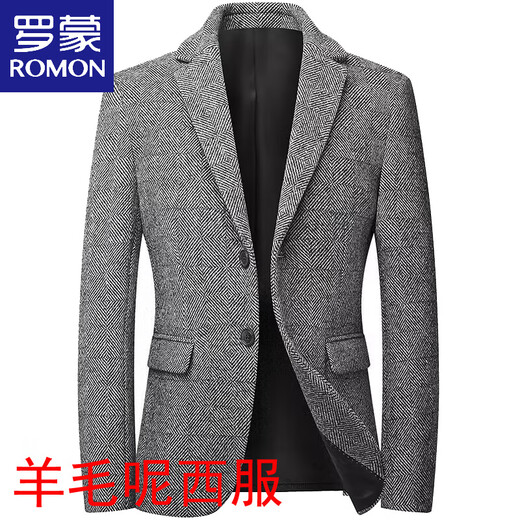 罗蒙（ROMON）2025新款羊毛西装外套时尚中老年男士春秋季厚款修身毛呢休闲西服 深灰色 实物偏深 3XL 190【建议160-175斤穿】