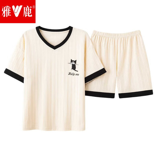 雅鹿夏季睡衣女纯色棉大码短袖薄款两件套装学生韩版春秋天可外穿家居 花色 GXT6636图色 M 码（建议75-95斤b