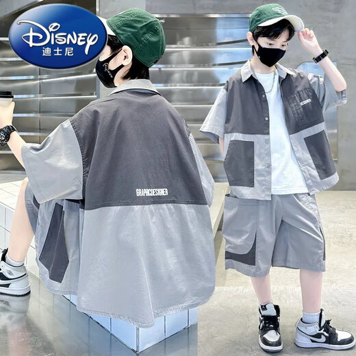 迪士尼（Disney）男童夏装套装新款夏季中大童儿童男孩夏款短袖衬衣痞帅潮衣服 TZK679-灰色套装 120 建议身高140-150厘米