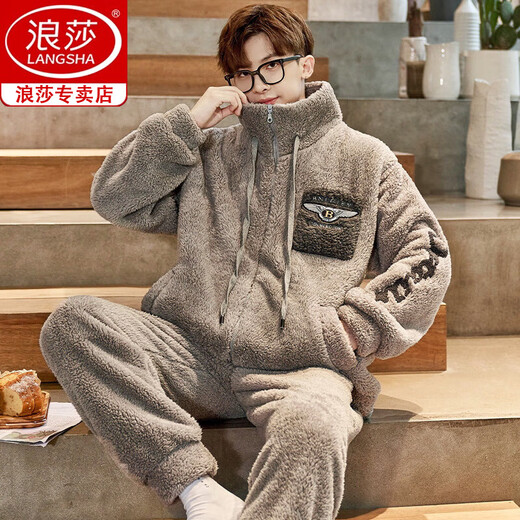 浪莎（langsha）睡衣男士冬季珊瑚绒加厚加绒新款法兰绒保暖青少年大码家居服套装 1349 【加绒加厚】 XL 建议【125-145斤】