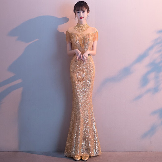 EYNL亮片小晚礼服女2025新款名媛宴会感鱼尾轻奢小众高端主持人裙 黑色 S