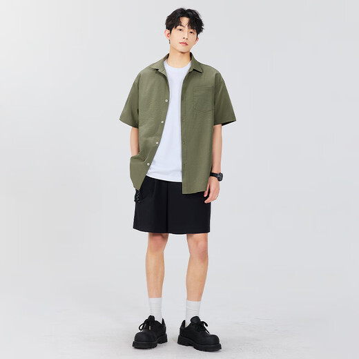 Miniso (Miniso) Camisa Summer Summer Seda Seda delgada Fina y transpirable Menigratoria Ropa de trabajo retro Camisa de manga corta Black XL