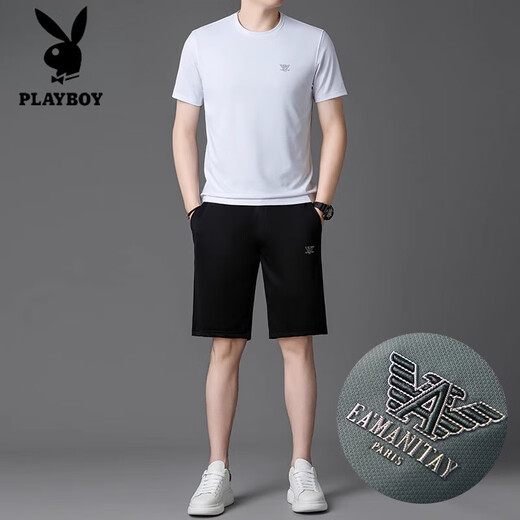 花花公子（PLAYBOY）品牌高档冰丝套装男夏季2025新款速干短袖短裤跑步休闲运动服 绿色套装【13601-1】 M 165 【适合体重100-120斤】