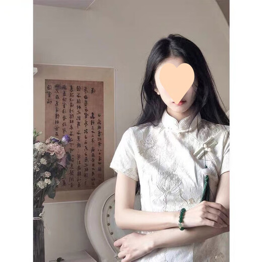 COLORFUL GEMS夏日旗袍白色连衣裙少女气质国风 846米白色 绿色吊坠 M
