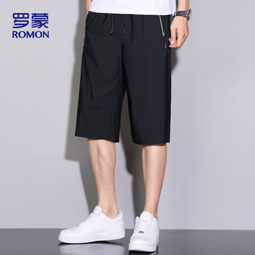罗蒙（ROMON）运动短裤男夏季透气薄款宽松休闲跑步沙滩裤七分裤ZH9877黑色M