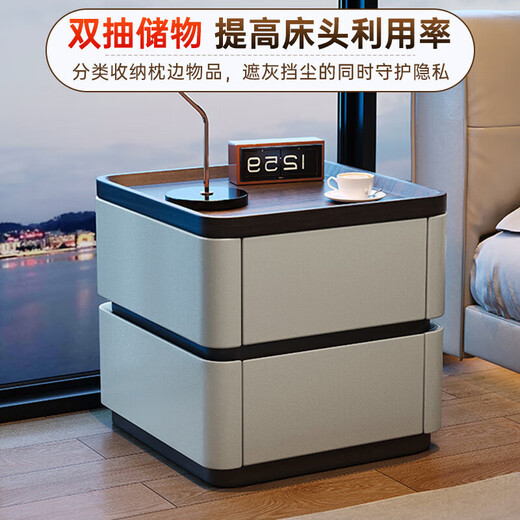 Smart bedside table light luxury high-end solid wood password lock 2025 new simple modern bedroom bedside cabinet khaki solid wood drawer + nappa leather 50 length * 40 width * 50 height cm no installation required