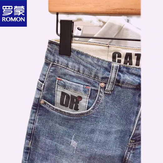 ROMON Summer denim mid-trousers printed retro nostalgic wash Korean style loose thin five-point pants stretch shorts men blue high quality #9902 27 80-90Jin [Jin equals 0.5 kg]
