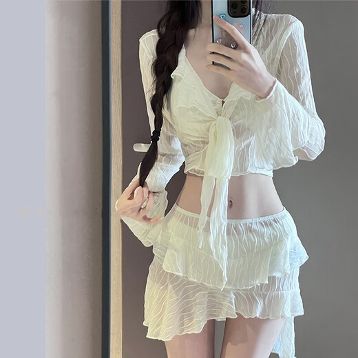 Lu Geli Bikini Swimsuit Women's Hot Spring High-end Four-Piece Set Small Fresh and Sexy Split Beach Vacation Swimsuit White Bikini Set [Suggested 90-120 Jin [Jin equals 0.5 kg]]