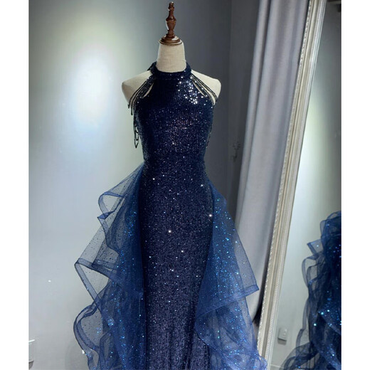 Abendkleid Blau Frauen Neue leichte Luxus Nische High-End Piano Vokalmusik Violin Art Exam Host Jahrestreffen Kleid m