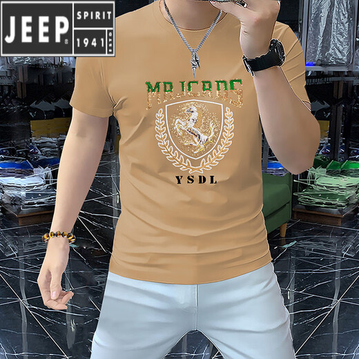JEEP SPIRIT2025 short-sleeved T-shirt for men's mercerized cotton half-sleeved European and American hot diamond European station round neck slim ice silk sequin A838 black 2XL