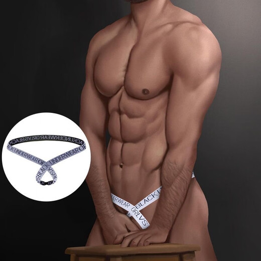 ORLVS Men's Thong Hollow Sexy Sexy Rings Muscular Men's Big Single Underpants Bondage Strap Farm Cow 1m White 2XL