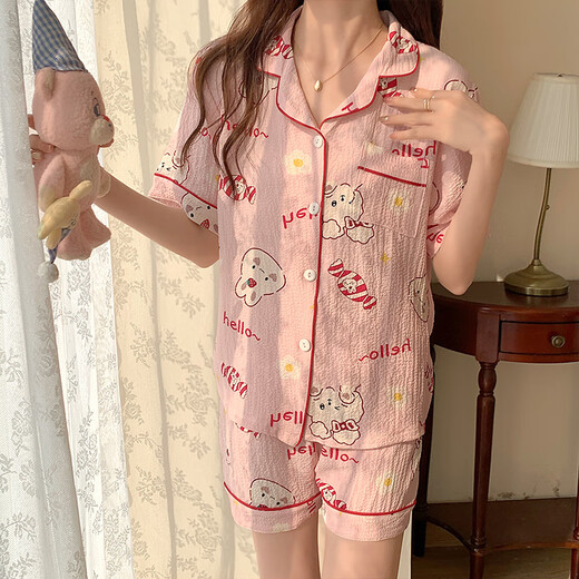 
HUALIN FASHION summer pink flower puff sleeve short sleeve cute thin home clothing set zd-673# apricot love heart 175 L