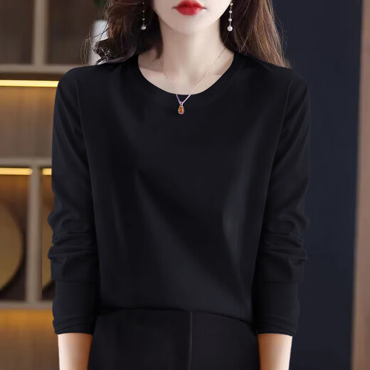 Skin-friendly pure cotton, spring and autumn women's pure cotton long-sleeved T-shirt, new Korean version, versatile bottoming shirt, large size outer wear, purple, 3XL size, recommended 135-150Jin Jin equals 0.5 kg