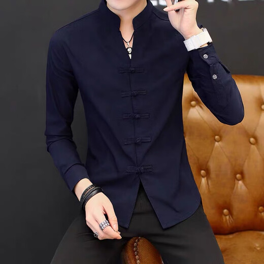 
Easy long-sleeved shirt men's stand-up collar white spring and autumn Chinese style shirt trendy brand button casual Tang suit top 9905 white XL