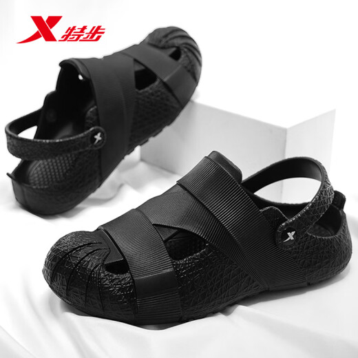 特步（XTEP）运动拖鞋男洞洞鞋男夏季凉拖鞋外穿厚底凉鞋男 A043 正黑色 37-38