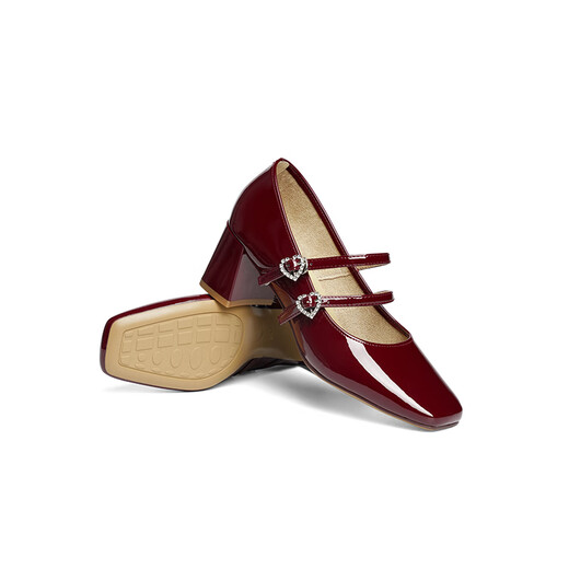 Red Dragonfly Mary Jane Shoes 25 Spring Women's Shoes Thick Heels Single Shoes Wedding Shoes French Temperament Small Leather Shoes WTB15281 Burgundy 35
