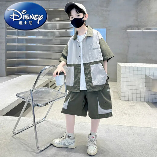 迪士尼（Disney）男童夏装套装新款夏季中大童儿童男孩夏款短袖衬衣痞帅潮衣服 TZK679-灰色套装 120 建议身高140-150厘米