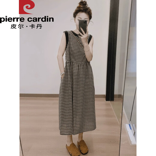 
Pier Cardin American retro plaid vest mid-length skirt for women's temperament, fashionable loose slimming back lace sleeveless dress plaid vest dress 9855 M (100-115Jin[Jin equals 0.5 kg])
