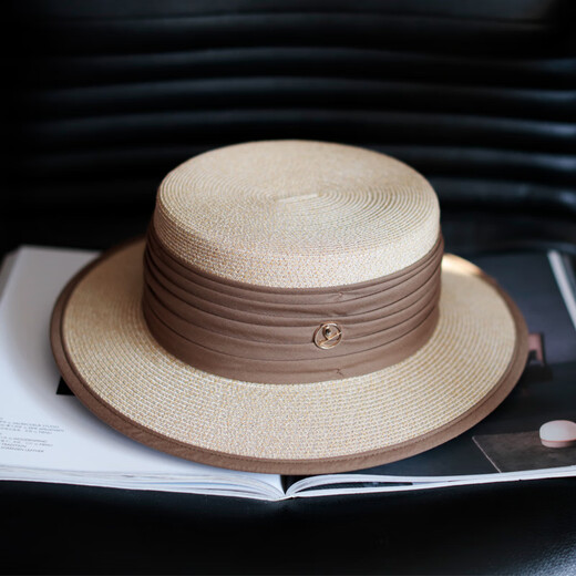 Tochino straw hat spring and summer new style French flat top small fresh wide brim sun hat pleated white sun protection sun hat beige rice belt M (56-58cm) one size fits all adjustable