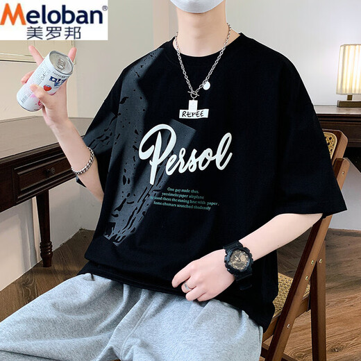 美罗邦（Meloban）短袖男夏季潮牌字母印花圆领半袖体恤 美式休闲男士落肩袖宽松T恤  693米色 常规 M 建议【80-100】斤