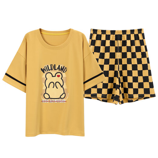 夏季女士短袖全棉格子睡衣套装夏天纯棉韩版家居服可外穿卡通 Y9853 M (建议75-95斤)