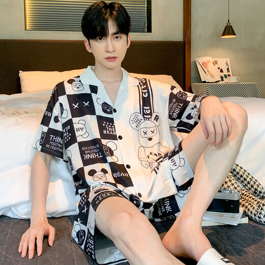 雅鹿睡衣男士2025新款夏季冰丝短袖短裤青少年家居服夏薄款家居服套装 189#[双短] XL 码建议体重12014c