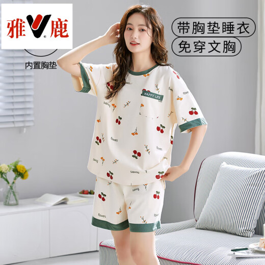 雅鹿品牌带胸垫睡衣女款分体套装夏季短袖纯棉小个子学生免文胸家居服 带胸垫短套 G1047 3XL 女135-148斤
