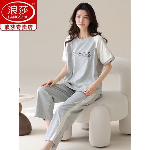 浪莎（langsha）女士短袖纯棉睡衣套装夏季长裤家居服韩版薄款可外穿夏天卡通 Y9719 M (建议75-95斤)
