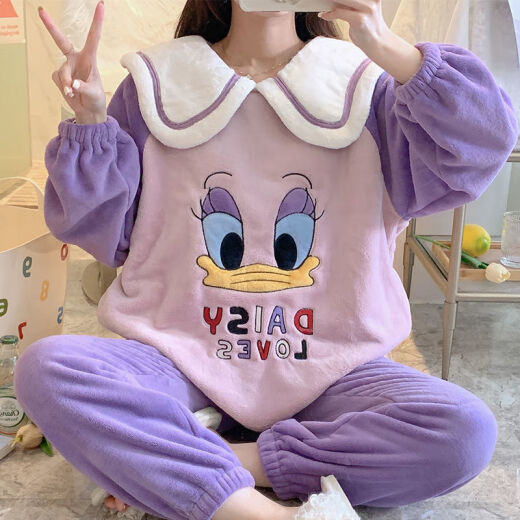 FHHUABD睡衣女秋冬季法兰绒韩版甜美卡通公主风家居服珊瑚绒加厚保暖套装 【9928绒】绿色花边领 M