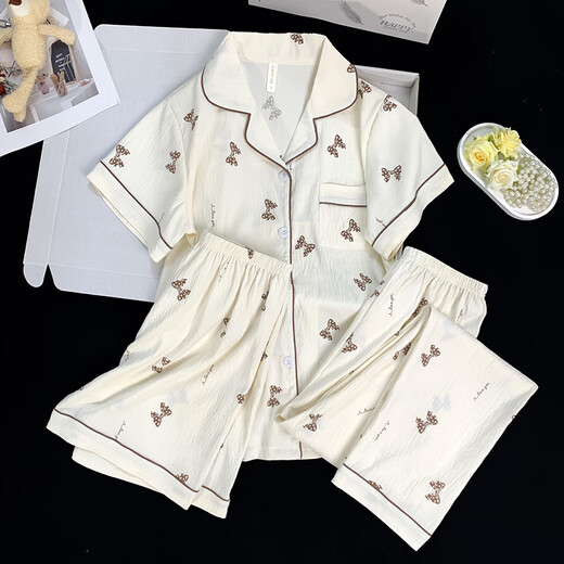 Catman (Miiow) pijamas de tres piezas para mujeres en verano 2025 Nuevo estilo de celebridades de Internet Spring y Autumn Cloud Cloud Algodón de manga corta Pantalones de manga corta Ropa para el hogar 9922# Set de tres piezas de algodón en la nube M [70-95] Jin [Jin equivale a 0.5 kg]