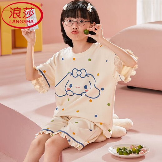LangSha short-sleeved pajamas junior high school students summer thin pure cotton cartoon cute teenager home suit MQ6626 short-sleeved women's style average size 12 size Height 110-120 Weight 35-4