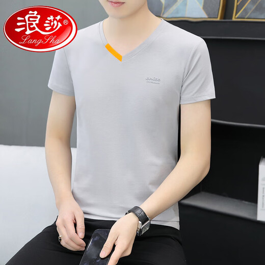 Langsha Summer Men's Pure Cotton V Neck Media Manga Camiseta Camiseta Camiseta Camiseta 691 White M 90-100Jin [Jin iguala 0.5 kg]