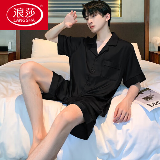 Langsha Pyjamas Herren Sommereiseis Seiden kurzärmelige dünne Sommerschwarz-Imitation Seidensommer-Sommer-Stil kann außerhalb von Heimbekleidungsanzug getragen werden