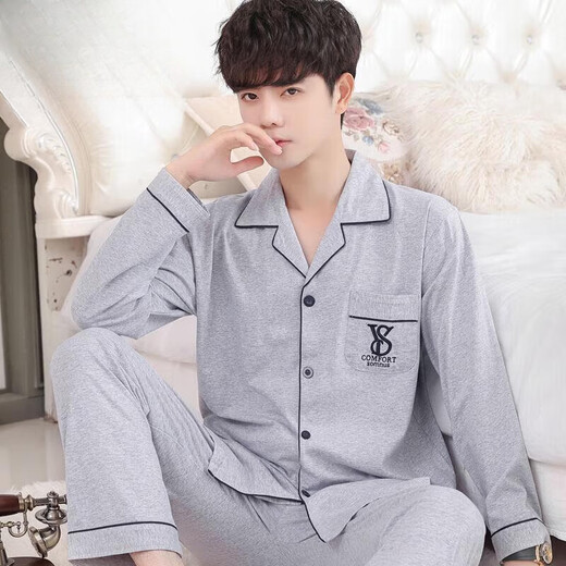 Langsha Pajamas Los hombres de manga larga de manga larga y de verano, la delgada ropa casera de mediana edad de los hombres y cómodos, la primavera y el verano de la pluma 826 azul de la manga larga 3xl xxxl Code_sugged Weight 175-200 Jin [Jin equivale a 0.5 kg]