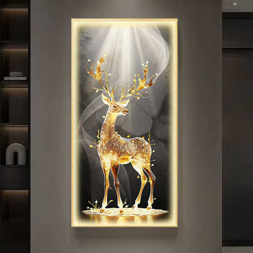 CHENGZAI FUGUI Elk Living Room Decoration Peinture Luxe Luxury Lights Amosphériques LEDS directement en face de la porte murale Mural Painting Halway Paindre T12859 90 * 180 (suggéré pour 1,2-1,5 mètres de mur) Crystal Porcelain Aluminium Gold Frame [Plug-in + télécommande]