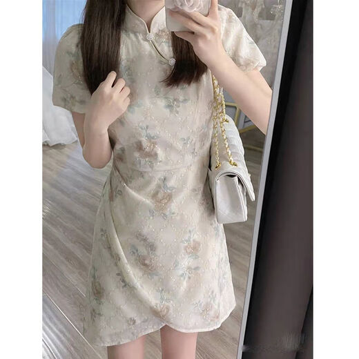 荣西图（RONGXITU）夏季法式复古旗袍连衣裙女短袖气质 838米白 M