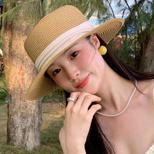 津炳胜草帽女法式平顶草帽女款大头围平檐海边沙滩度假礼帽大码编织帽 【凹顶卡其+白带】 编织防晒帽