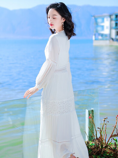Chu Ziyis weißes Kleid mit Temperament und schlankem Fairy Long Rock Yunnan Reise -Outfit Desert Photography Beach Rock Anzug Rock mit Weste 983 One Size xxl