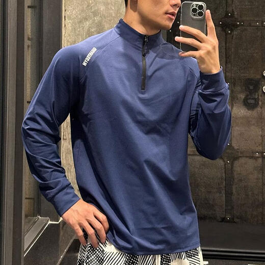 OLOEY fitness long-sleeved men's loose elastic half-zip sports t-shirt American running spring and autumn basketball training cycling jersey carbon gray M