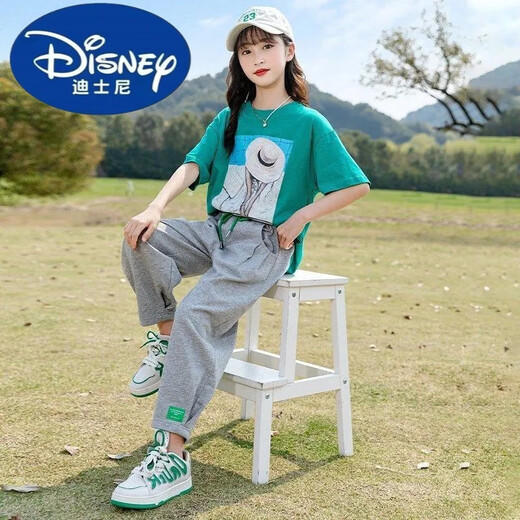 Traje de verano de Disney Girls Failable y de moda para niñas de moda de 12 a 15 años de niños Moda de dos piezas Top verde de verano + Pantalones grises 677 150