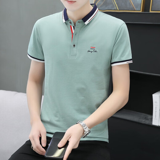 夏季男士翻领短袖t恤男潮流polo衫中年立领半袖体恤 673粉色 XL 120-135斤